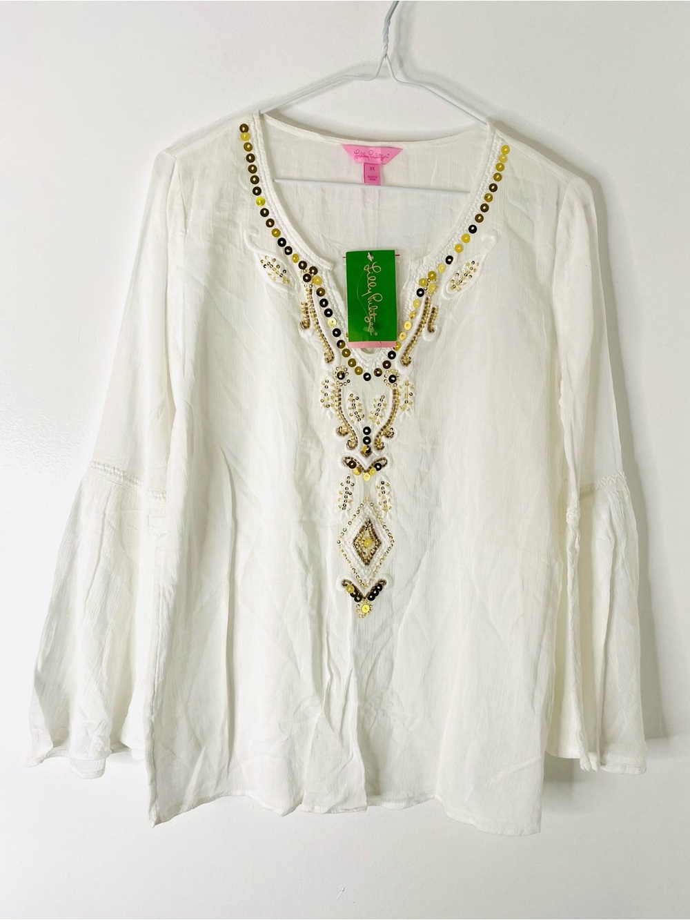 Lilly Pulitzer Audra Top Resort White Embroidered Beaded Bell Sleeve Blouse NWT